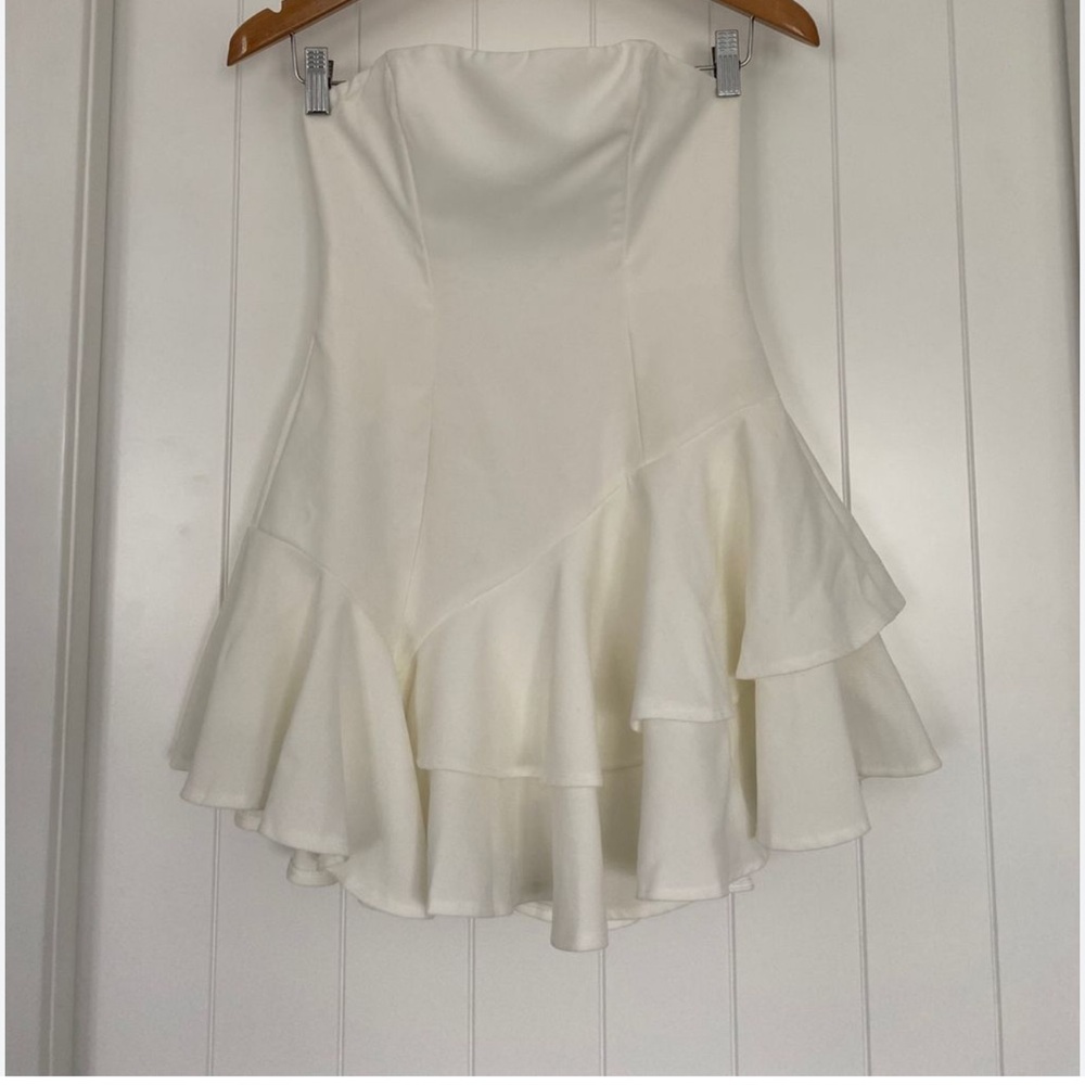 Saints + Secrets - White ruffle mini Strapless Dress